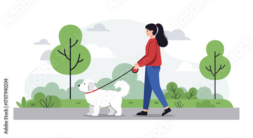 A young woman in casual clothes walks her fluffy white dog on a leash through a green city park with trees and bushes.