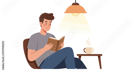 A young man sits in a comfortable chair reading a book under the warm light of a lamp, with a steaming cup of coffee on a small table.