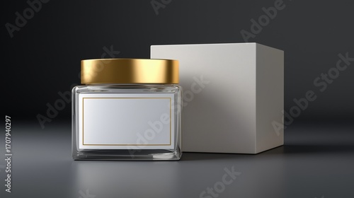 Close-up of a clear glass cosmetic jar with a gold lid and a matching white box.