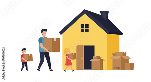 A family with a father, son, and daughter carrying cardboard boxes while moving into their new yellow house.