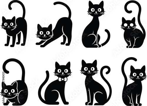 Collection of stylized black cats in various playful poses and expressions