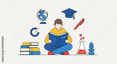 Illustration of a student studying with educational icons.