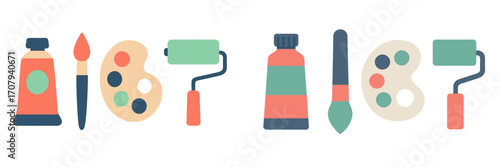 Collection of colorful art supplies including paint tubes, brushes, palettes, and rollers for creative projects