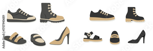 Collection of various modern footwear designs including sneakers, boots, sandals, loafers, and high heels