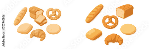 Delicious assortment of fresh baked goods including various types of bread, baguette, pretzel, croissant, and buns