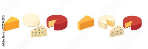 Gourmet cheese selection with cheddar, brie, blue cheese, and red wax cheese wheels and wedges