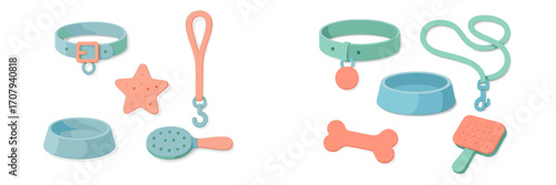 Collection of essential pet care items including collars leashes food bowls grooming brushes and playful toys