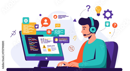 Tech Support Specialist Coding with Modern Technology and User Interface Illustrations
