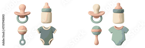 Collection of pastel baby accessories including pacifiers, bottles, rattles, and onesies for newborn care