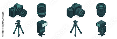 Isometric photography equipment set including digital cameras, interchangeable lenses, tripods, and external flash units