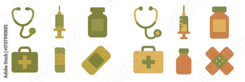 Medical and healthcare icons set with stethoscope, syringe, medicine bottle, first aid kit