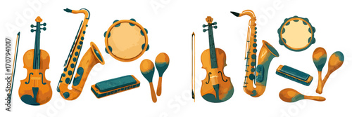 Colorful arrangement of diverse musical instruments including violin, saxophone, tambourine, harmonica, and maracas