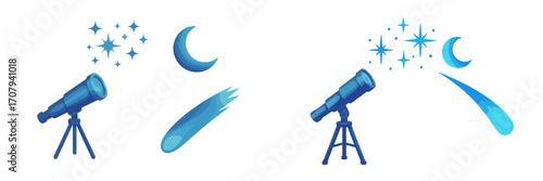 Collection of astronomical observation elements including a telescope, crescent moon, sparkling stars, and dynamic comet