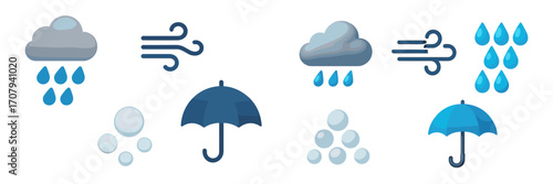 Diverse weather condition showing clouds with falling raindrops, swirling wind, snow, and open umbrellas for protection