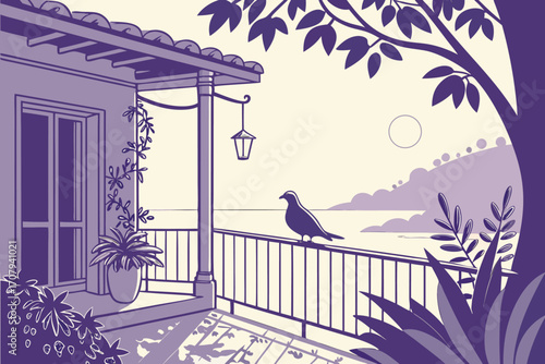 A serene view of a bird perched on a balcony railing overlooking the sea at sunset in a tranquil setting