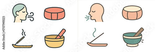 Mindful living symbols for meditation and aromatherapy practices including breathing, singing bowl, and incense
