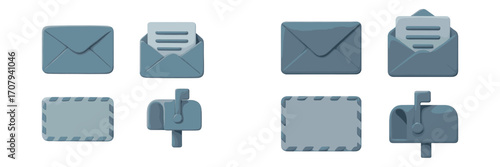 Set of modern digital communication icons including envelopes, letters, and mailboxes for messaging and postal services