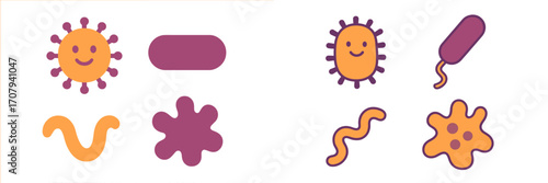 Diverse collection of stylized microscopic organisms including viruses, bacteria, and amoebas with friendly faces