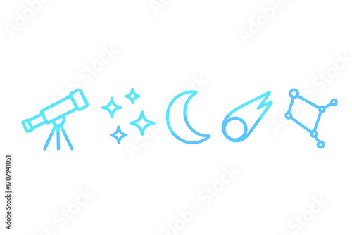Celestial objects and space observation featuring a telescope, sparkling stars, crescent moon, comet, and a constellation