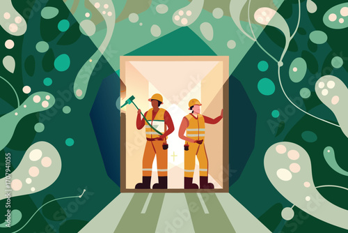 Two sewer workers in uniform are standing in the tunnel entrance with a hammer and a clipboard in hand
