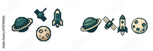 Retro pixel art style space objects set including a ringed planet, orbiting satellite, launching rocket, and cratered moon