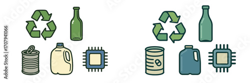 Recycling symbols with glass bottle, tin can, plastic jug, and computer chip for waste management