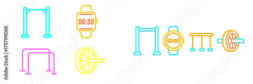 Fitness and workout equipment icons set featuring pull-up bar, parallel bars, ab wheel, and smartwatch for exercise tracking
