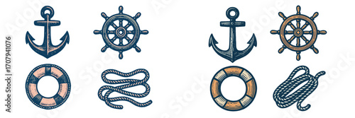 Vintage nautical marine elements with anchors, ship wheels, lifebuoys, and coiled ropes in classic style
