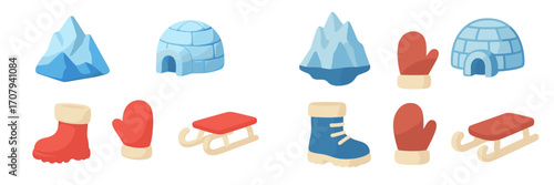 Winter season elements with igloos, icebergs, snow mountains, warm boots, cozy mittens, and classic sleds for cold weather