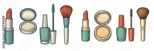 Assortment of essential makeup products and beauty tools, featuring lipstick, compact powder, mascara, nail polish, and a cosmetic brush