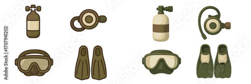 Essential scuba diving equipment collection with oxygen tanks, regulators, masks, and fins for underwater exploration