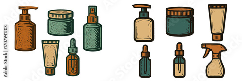 Collection of various cosmetic and personal care product containers including bottles, jars, tubes, and sprayers