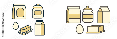 Collection of common household food products and ingredients like milk, eggs, butter, flour, and jarred goods