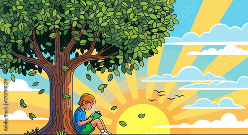 Boy Reading Under a Tree with Sun and Birds A Moment of Serenity and Learning