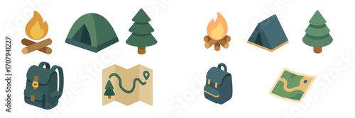 Isometric camping and outdoor adventure elements including campfire, tent, pine tree, backpack, and map