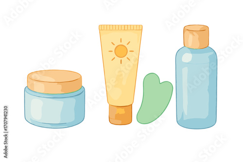 Essential skincare products like sunscreen, face cream, and gua sha tool for daily beauty routine