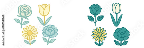 Assortment of decorative blooming flowers including roses tulips daisies and peonies with a charming textured finish