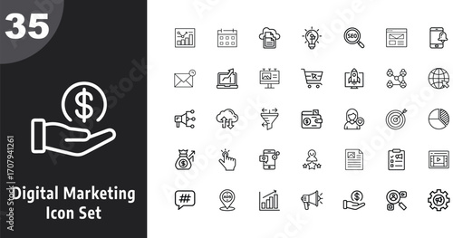 35 digital marketing icons set for business growth and online strategy concepts