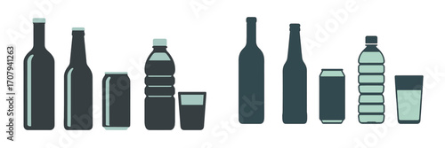 Assortment of common beverage containers including glass bottles cans and plastic water bottles with a drinking glass