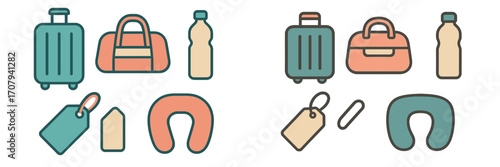 Essential travel accessories set with luggage, duffel bag, water bottle, and comfort pillow for vacation journey