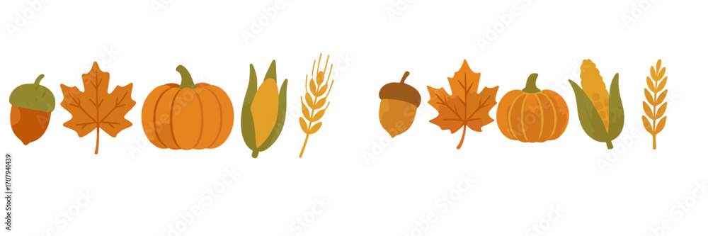 Obraz premium Seasonal autumn harvest elements border with pumpkins, maple leaves, corn, acorns, and wheat on a clean white background