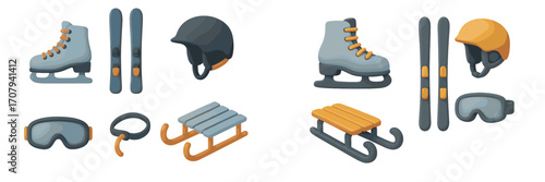 Collection of winter sports equipment including ice skates, skis, helmets, goggles, and sleds for cold weather activities