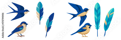 Graceful blue birds, including swallows and sparrows, in various poses with decorative feathers