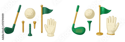 Detailed golf equipment set featuring club, ball, tees, flag, and glove for professional sport game and leisure activity