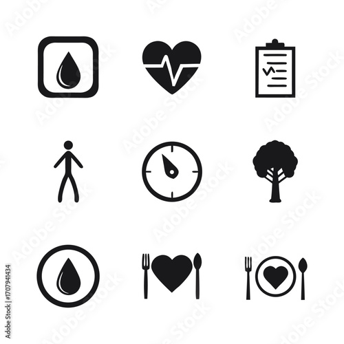 Set of nine simple modern icons representing health wellness fitness and medical concepts