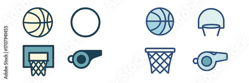 Basketball game equipment and accessories for sports, including balls, hoops, and whistles for players