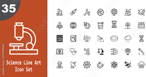 Collection of science and research icons representing discovery and innovation