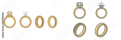 Elegant gold rings with sparkling diamonds and simple bands, perfect for wedding, engagement, and anniversary celebrations
