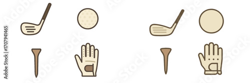 Essential golf equipment collection with various clubs, balls, tees, and gloves for sports activities