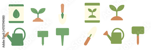 Collection of essential items for home gardening and plant care, including tools, seed packets, watering cans, and young sprouts